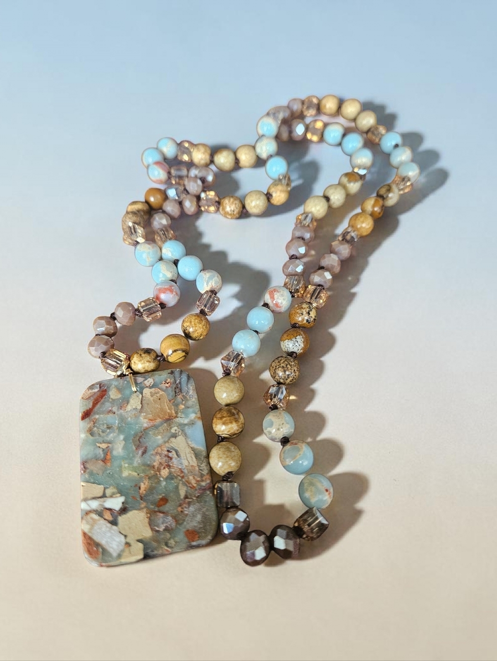 Composite Gemstone Pendant And Bead Necklace 34" Boho